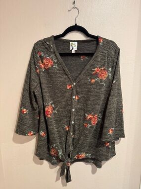 Fig and Flower Olive Green Floral Embroidered Tie-Front Top